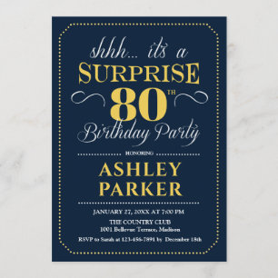 Surprise 80th Birthday Party - Navy Gold Invitation