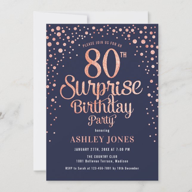 Surprise 80th Birthday Party - Navy & Rose Gold Invitation (Front)