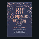 Surprise 80th Birthday Party - Navy & Rose Gold Invitation<br><div class="desc">Surprise 80th Birthday Party Invitation.
Elegant design in navy and faux glitter rose gold. Features stylish script font and confetti. Message me if you need custom age.</div>