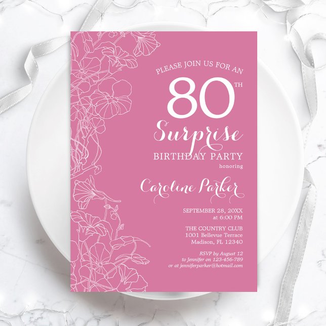 Surprise 80th Birthday Party - Pink Floral Invitation (Creator Uploaded)