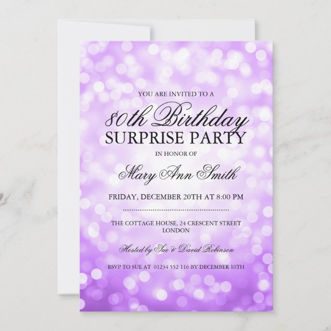 Surprise 80th Birthday Party Purple Glitter Lights Invitation (Front)