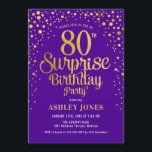 Surprise 80th Birthday Party - Purple & Gold Invitation<br><div class="desc">Surprise 80th Birthday Party Invitation.
Elegant design in royal purple and faux glitter gold. Features stylish script font and confetti. Message me if you need custom age.</div>