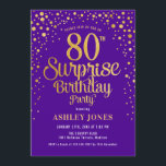 Surprise 80th Birthday Party - Purple & Gold Invitation<br><div class="desc">Surprise 80th Birthday Party Invitation.
Elegant design in royal purple and faux glitter gold. Features stylish script font and confetti. Message me if you need custom age.</div>
