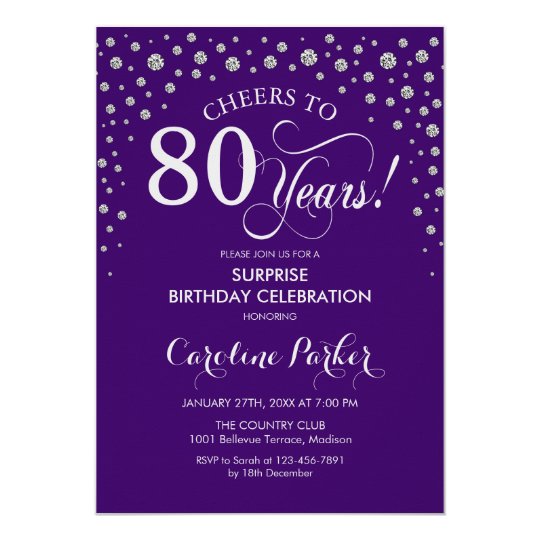 Surprise 80th Birthday Party - Purple Silver Invitation | Zazzle.co.uk