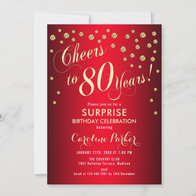 Surprise 80th Birthday Party - Red Gold Invitation (Front)