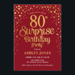 Surprise 80th Birthday Party - Red & Gold Invitation<br><div class="desc">Surprise 80th Birthday Party Invitation.
Elegant design in dark red and faux glitter gold. Features stylish script font and confetti. Message me if you need custom age.</div>