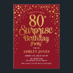 Surprise 80th Birthday Party - Red & Gold Invitation<br><div class="desc">Surprise 80th Birthday Party Invitation.
Elegant design in dark red and faux glitter gold. Features stylish script font and confetti. Message me if you need custom age.</div>