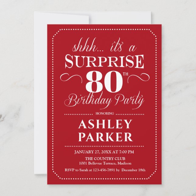 Surprise 80th Birthday Party - Red White Invitation (Front)
