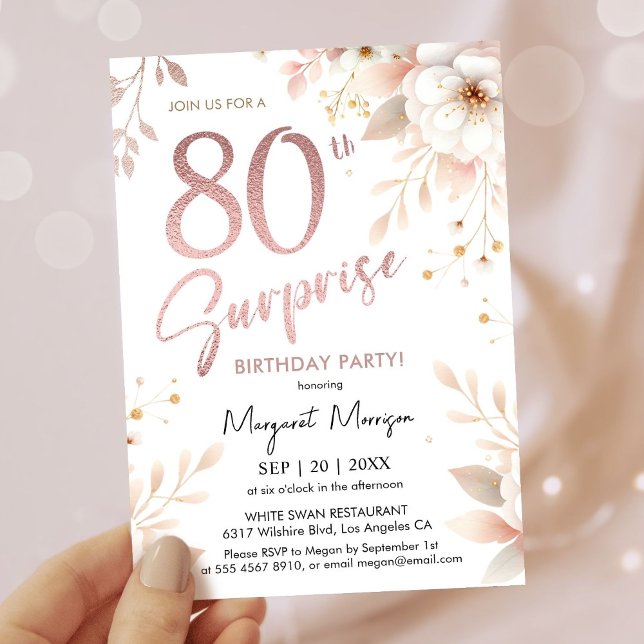 Surprise 80th Birthday Party Rose Gold Girl Floral Invitation (Creator Uploaded)