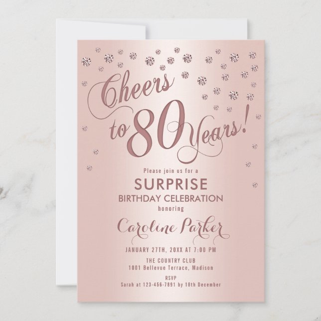 Surprise 80th Birthday Party - Rose Gold Invitation (Front)