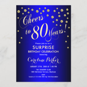 Surprise 80th Birthday Party - Royal Blue Gold Invitation