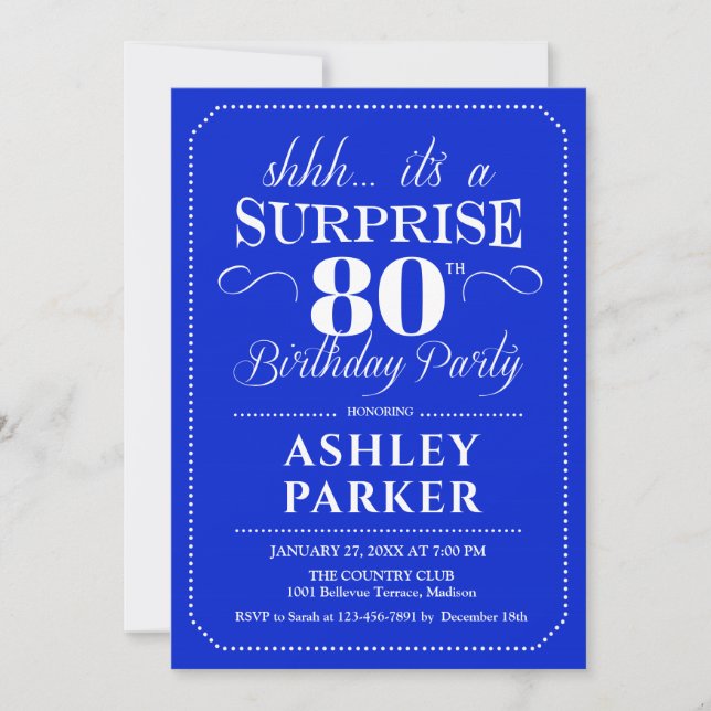 Surprise 80th Birthday Party - Royal Blue White Invitation (Front)