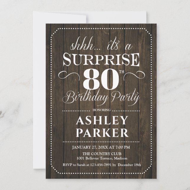 Surprise 80th Birthday Party - Rustic Wood Invitation (Front)