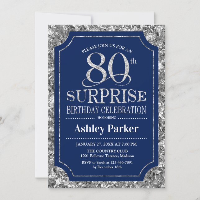 Surprise 80th Birthday Party - Silver Navy Blue Invitation (Front)