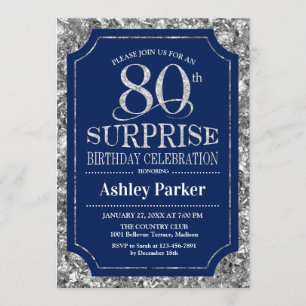 Surprise 80th Birthday Party - Silver Navy Blue Invitation