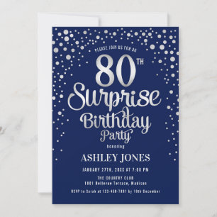 Surprise 80th Birthday Party - Silver & Navy Blue Invitation