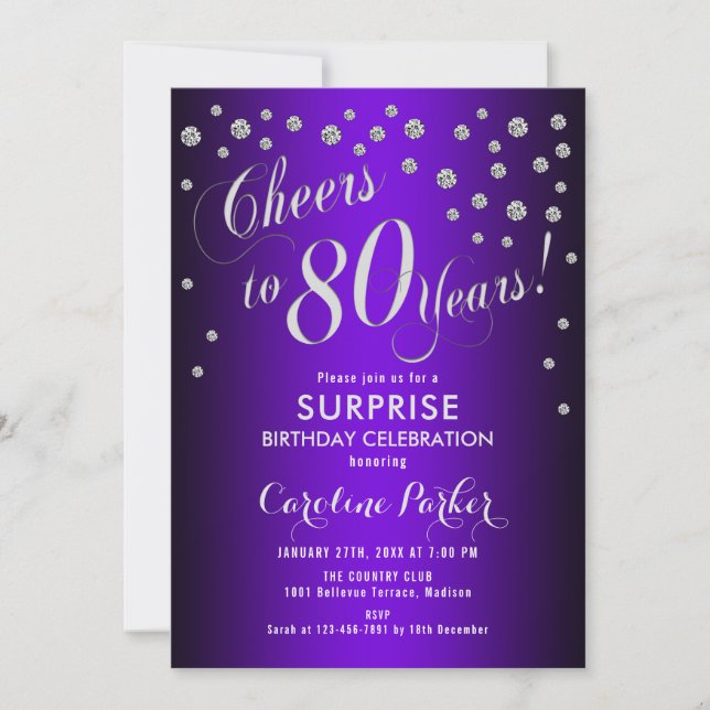 Surprise 80th Birthday Party - Silver Purple Invitation (Front)