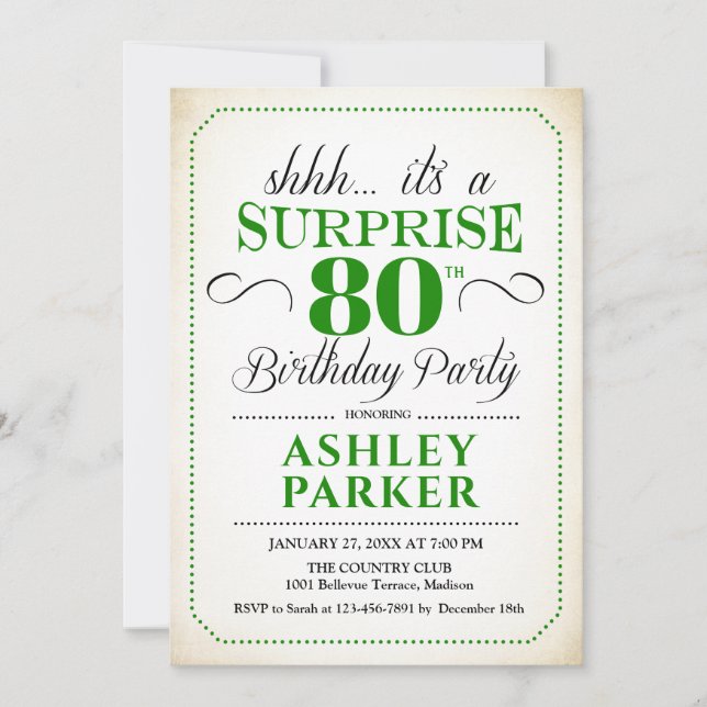 Surprise 80th Birthday Party - White Green Invitation (Front)