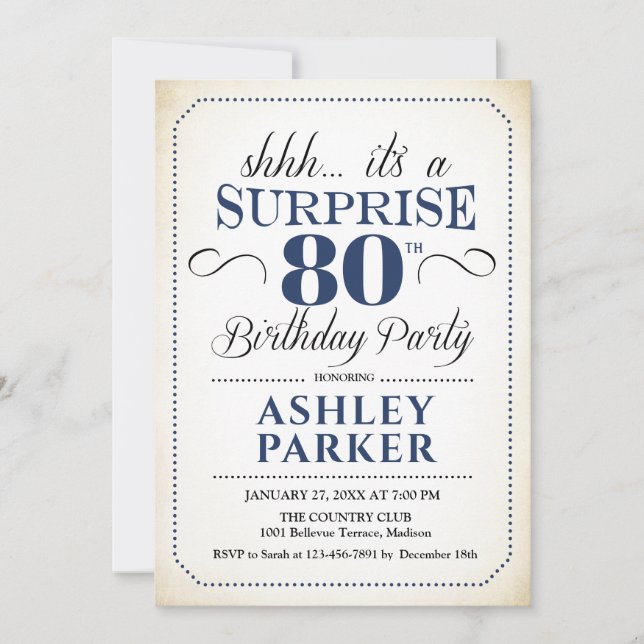 Surprise 80th Birthday Party - White Navy Invitation (Front)