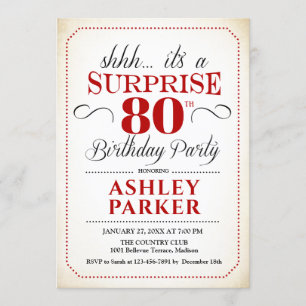 Surprise 80th Birthday Party - White Red Black Invitation