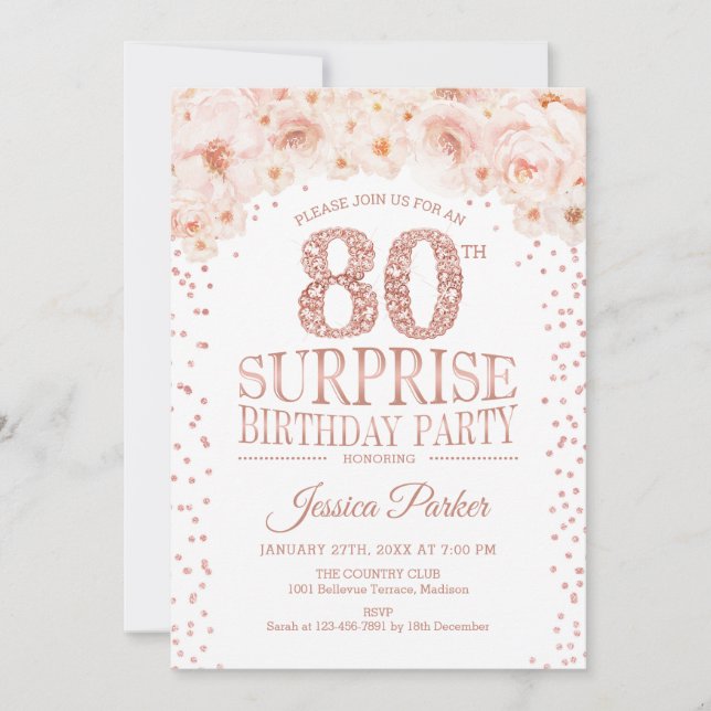 Surprise 80th Birthday Party - White Rose Gold Invitation (Front)