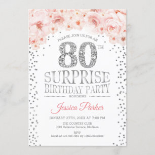 Surprise 80th Birthday Party - White Silver Pink Invitation