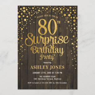 Surprise 80th Birthday Party - Wood & Gold Invitation