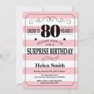 Surprise 80th Birthday Pink and White Stripes Invitation