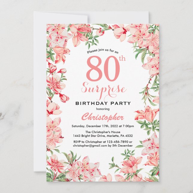 Surprise 80th Birthday Pink Boho Botanical Floral Invitation (Front)