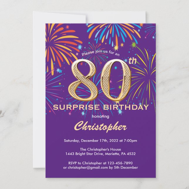 Surprise 80th Birthday Purple and Gold Firework Invitation (Front)