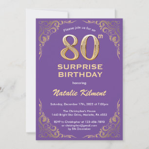 Surprise 80th Birthday Purple and Gold Glitter Invitation