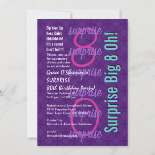 SURPRISE 80th Birthday Purple Pink Blue F218 Invitation