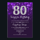 Surprise 80th Birthday - Purple Silver Invitation<br><div class="desc">Surprise 80th Birthday Invitation.
Elegant purple design with faux glitter silver. Adult birthday. Features diamonds,  bokeh lights and script font. Men or women bday invite.  Perfect for a stylish birthday party. Message me if you need further customization.</div>