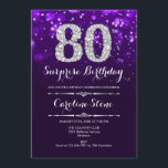 Surprise 80th Birthday - Purple Silver Invitation<br><div class="desc">Surprise 80th Birthday Invitation.
Elegant purple design with faux glitter silver. Adult birthday. Features diamonds,  bokeh lights and script font. Men or women bday invite.  Perfect for a stylish birthday party. Message me if you need further customization.</div>