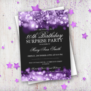 Surprise 80th Birthday Purple Sparkling Lights Invitation