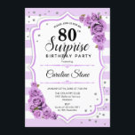 Surprise 80th Birthday - Purple White Invitation<br><div class="desc">Surprise 80th Birthday Invitation.
Feminine white,  lavender lilac design. Features stripes,  pastel purple roses,  script font and confetti. Perfect for an elegant birthday party. Can be personalized to show any age. Message me if you need further customization.</div>