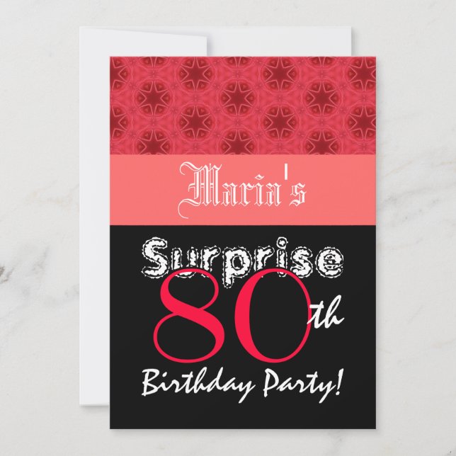 SURPRISE 80th Birthday Red and Black Stars W1464 Invitation (Front)