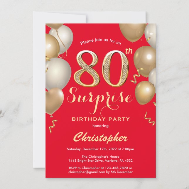 Surprise 80th Birthday Red and Gold Balloons Invitation (Front)