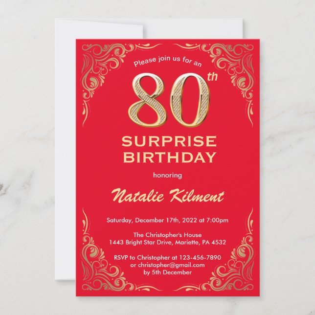 Surprise 80th Birthday Red and Gold Glitter Invitation (Front)