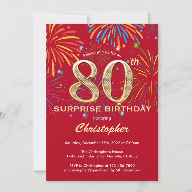 Surprise 80th Birthday Red & Gold Rainbow Firework Invitation (Front)