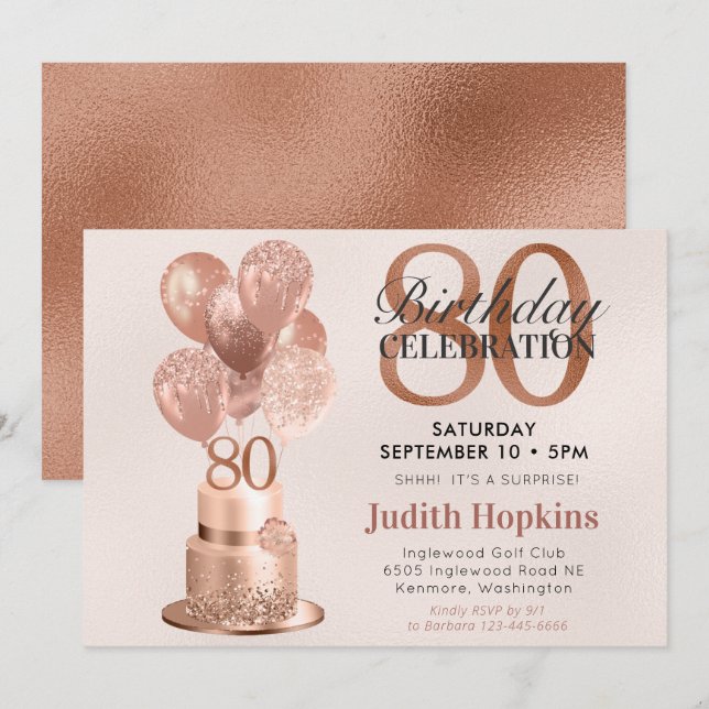 Surprise 80th Birthday Rose Gold Cake Invitation (Front/Back)