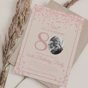 SURPRISE 80th Birthday Rose Gold Confetti Beige Invitation