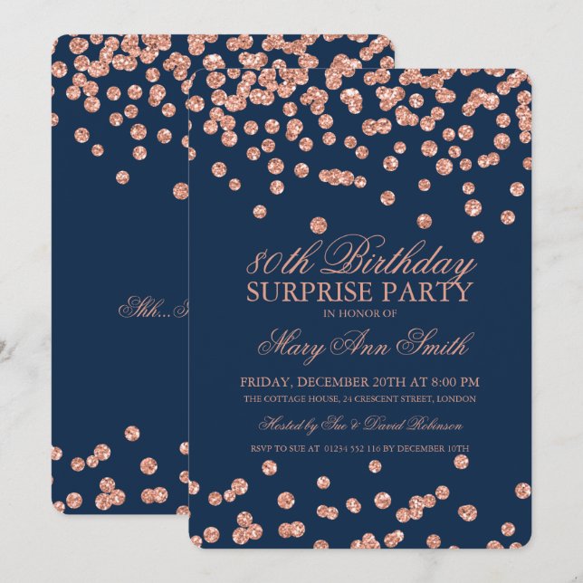 Surprise 80th Birthday Rose Gold Glitter Navy Blue Invitation (Front/Back)