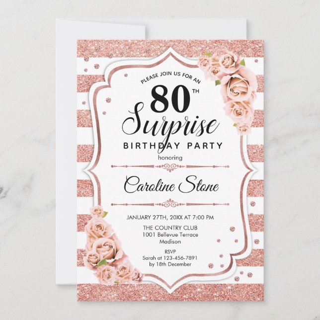 Surprise 80th Birthday - Rose Gold White Pink Invitation (Front)