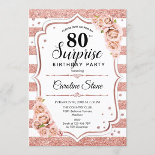 Surprise 80th Birthday - Rose Gold White Pink Invitation