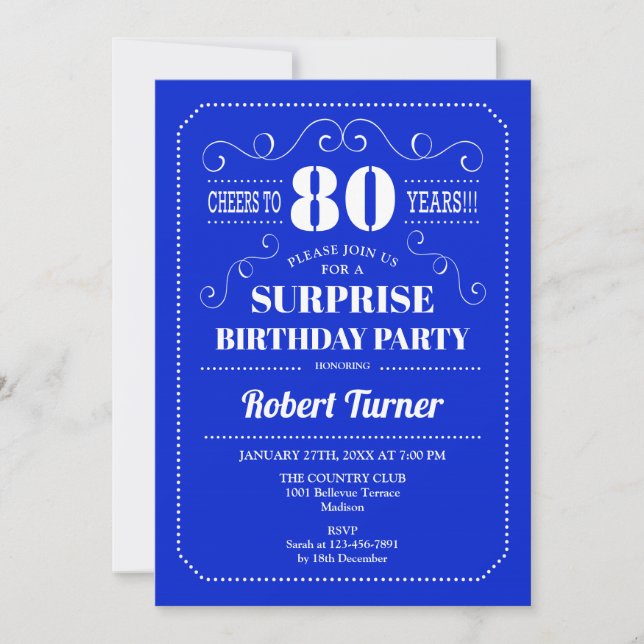 Surprise 80th Birthday - Royal Blue Invitation (Front)