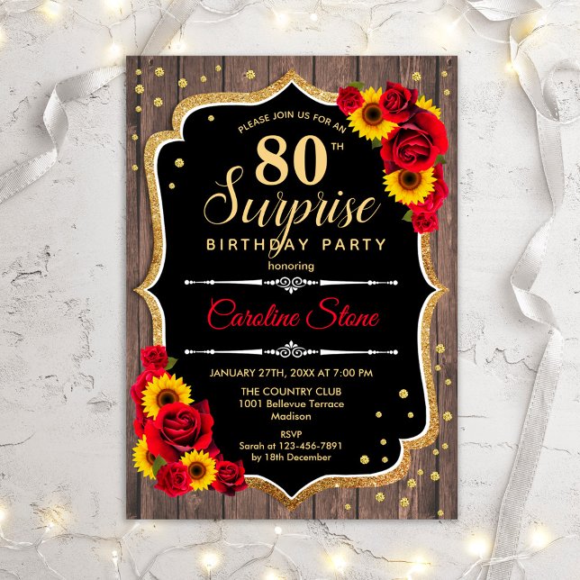 Surprise 80th Birthday - Rustic Wood Sunflowers Invitation (Creator Uploaded)