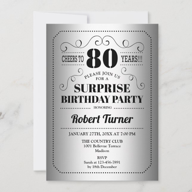 Surprise 80th Birthday - Silver Black Invitation (Front)
