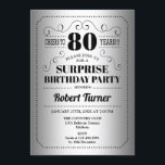 Surprise 80th Birthday - Silver Black Invitation<br><div class="desc">Surprise 80th Birthday Invitation. Retro design in faux silver foil and black. Cheers to 80 years! Can be also personalized into any year.</div>