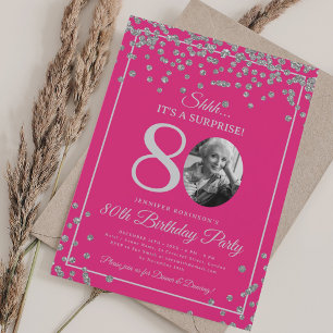 SURPRISE 80th Birthday Silver Confetti Hot Pink Invitation